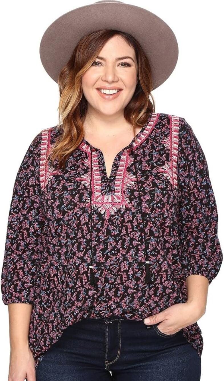 Lucky Brand Women's Black & Pink Floral Embroidered Boho Top Size 2X